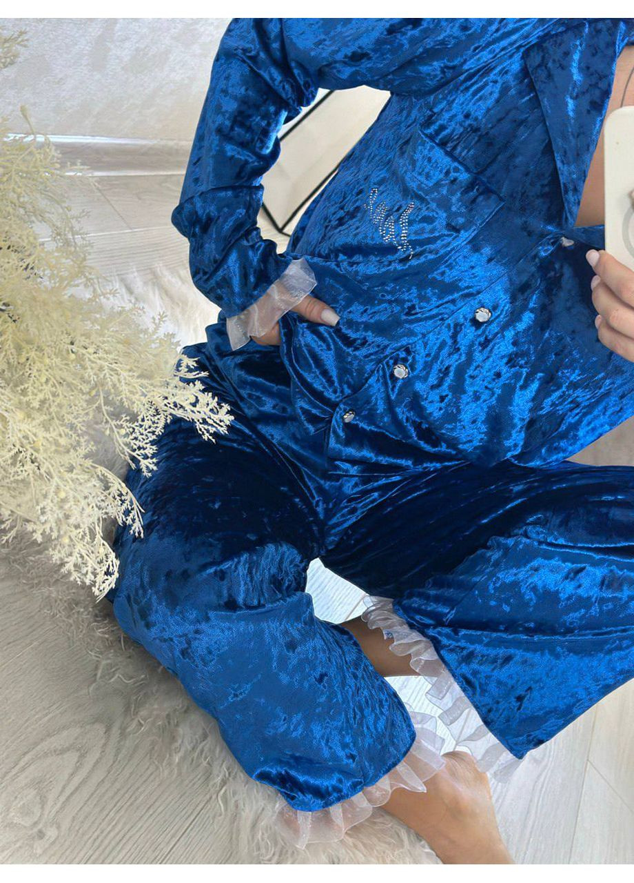 Синя всесезон піжама з мармурового велюру — заміри в описі сорочка + брюки DK/DL Мода без кордонів