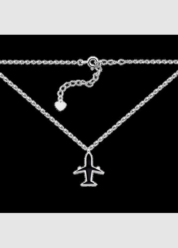 Колье серебряное Самолет с черной эмалью на тоненькой цепочке Каштан (342335273)