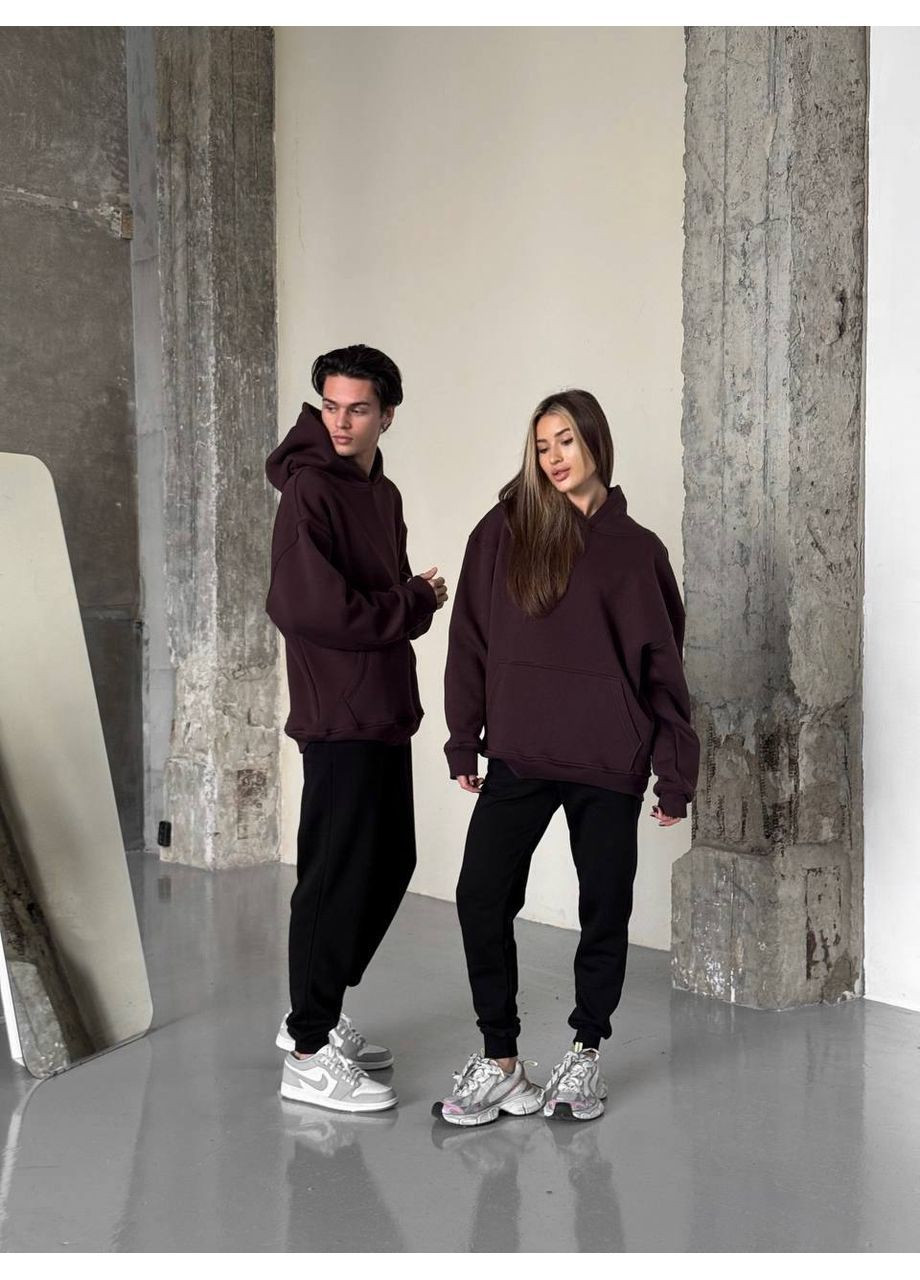 Оверсайз спортивний костюм з начосом Over унісекс худі шоколад коричневий чорні штани No Brand (365769332)