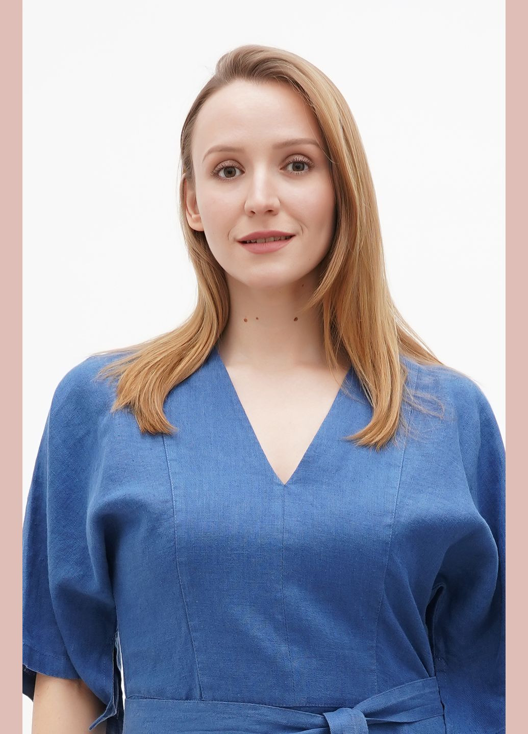 Синя лляна довга сукня бохо з трикутним вирізом та рукавом кімоно під пояс ронда., р., код 0311/52/1788 ГАЛЕРЕЯ ЛЬОНУ