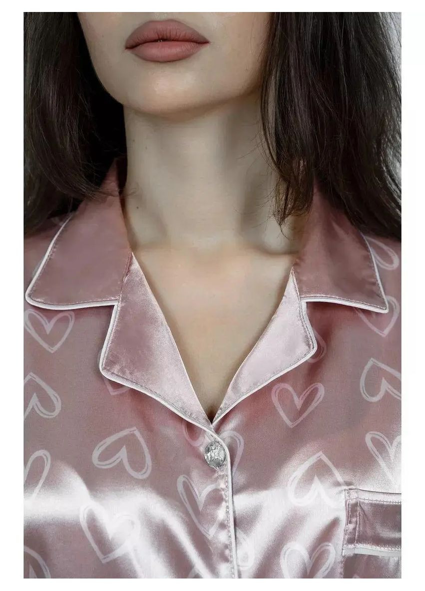 Рожева всесезон атласна жіноча піжама шовкова зі штанами на ризинці, піжамний комплект із серцем, жіноча піжама з атласу сорочка + брюки No Brand Атласна піжама шовкова синя