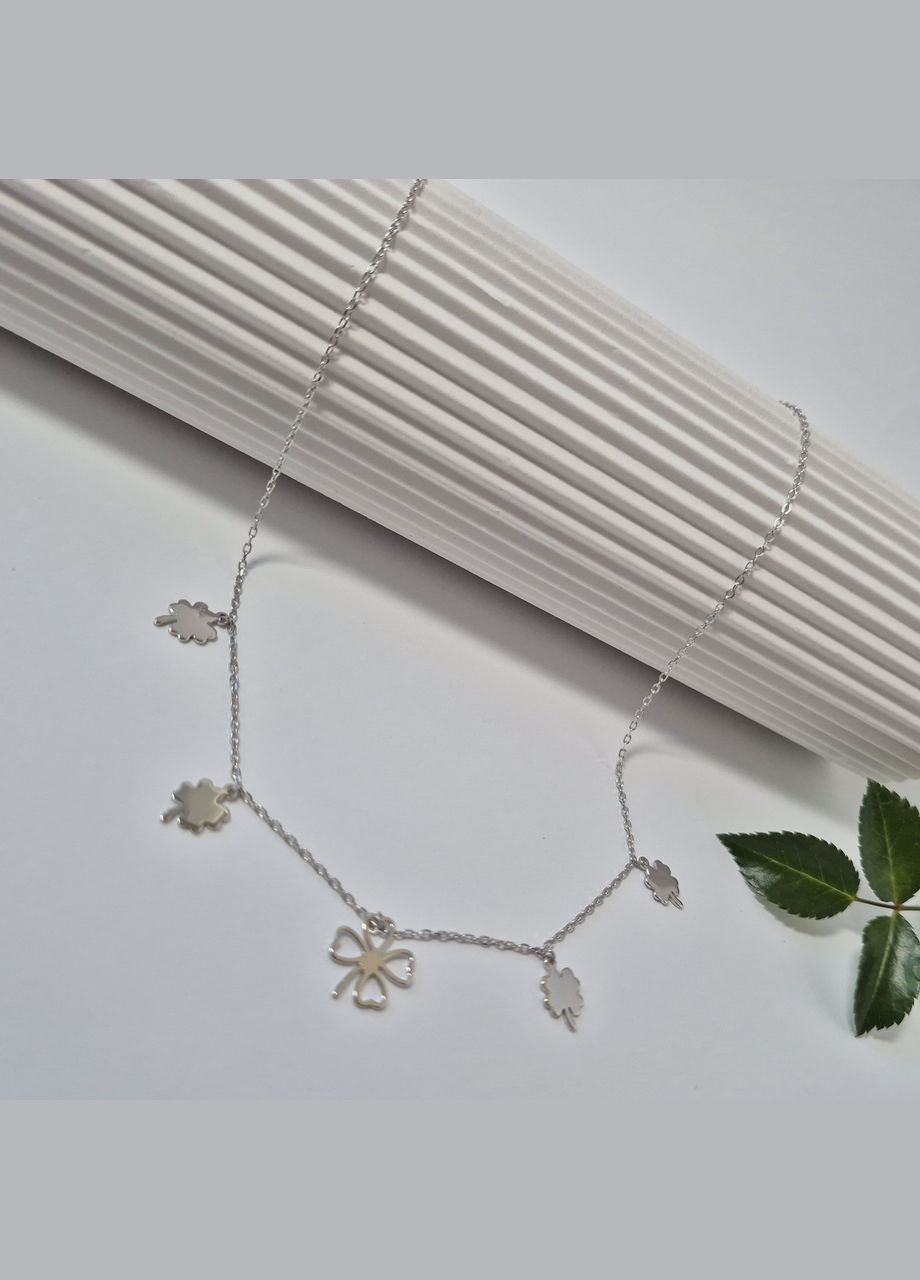 Жіноча срібна цепочка без каменів кольє з підвісками Конюшина 40 см срібло 925 проби Родоване кл2/3022 2.50г No Brand (306854736)