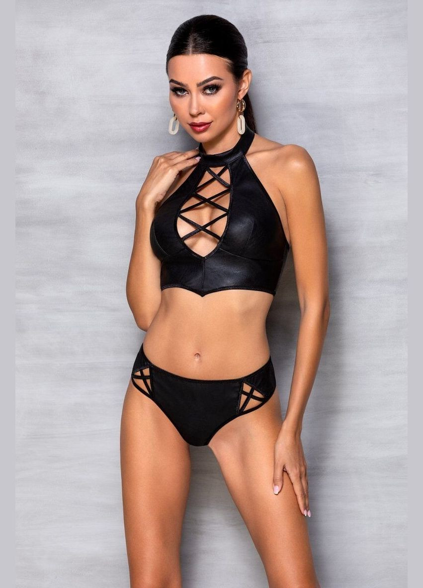 Черный демисезонный комплект из эко-кожи: бра и трусики с имитацией шнуровки nancy bikini black – Passion