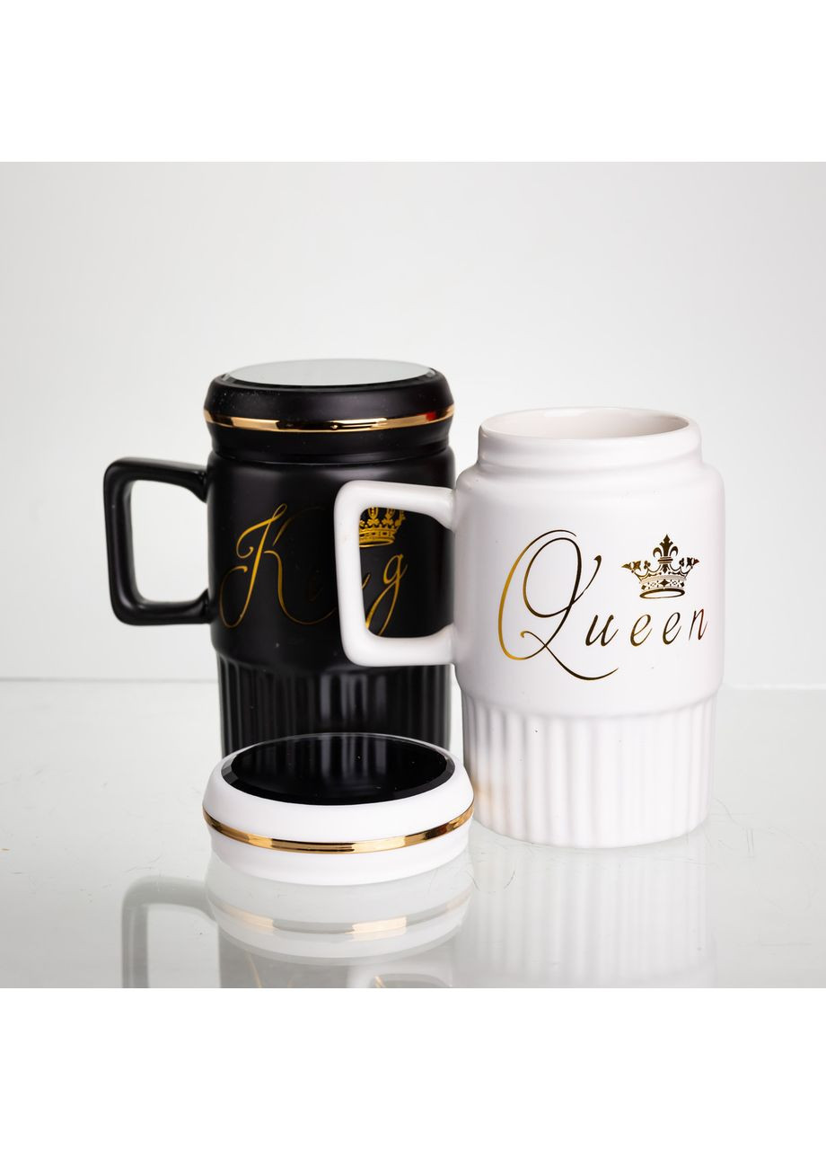 Набір парних порцелянових чашок з кришкою 2 (шт) по 450 (мл) Чорний з білим FM-26 Yiwu (370974147)