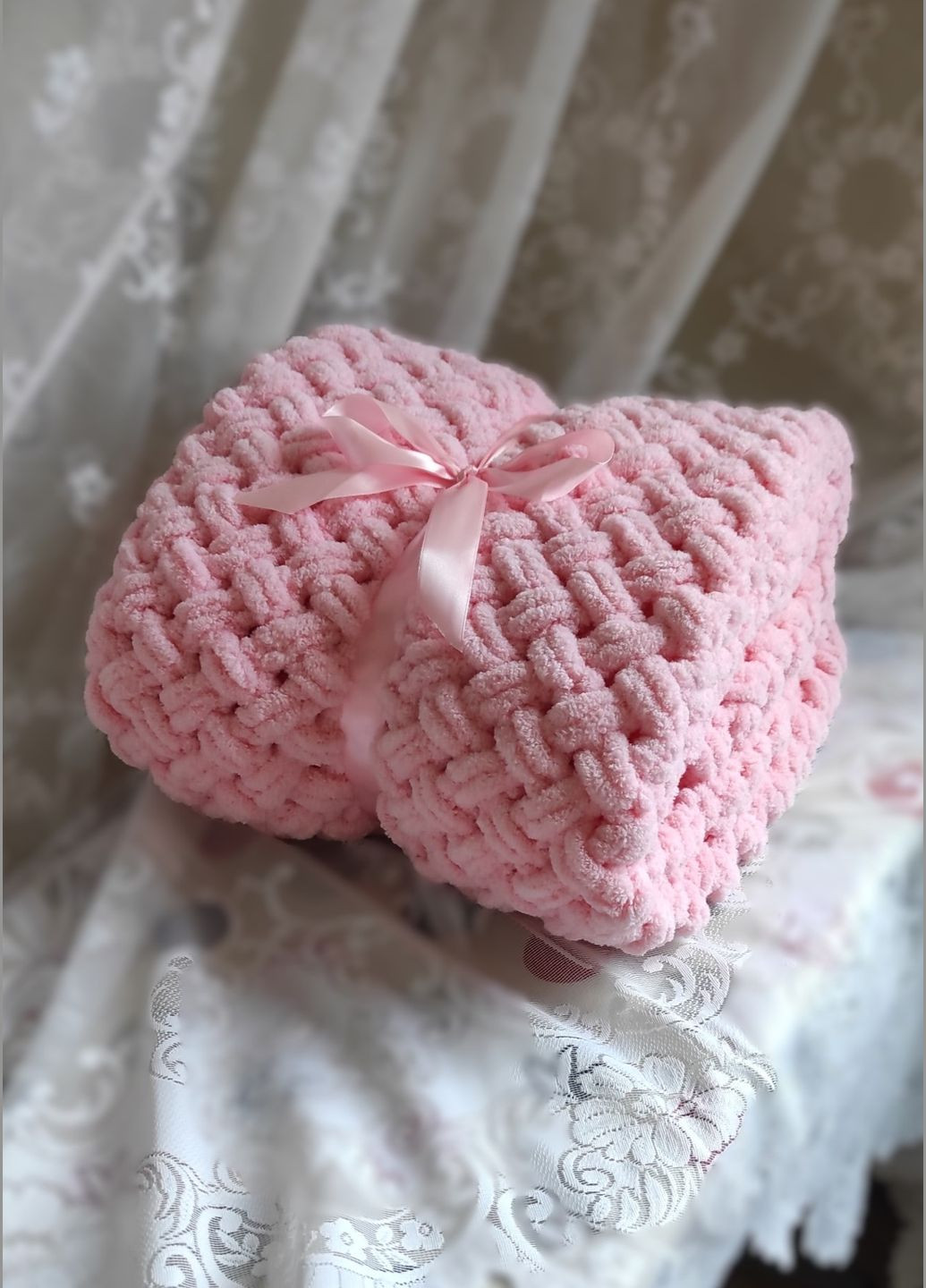 Плед плюшевий 85*85см колір 185 ручної роботи з пряжі пуфі узор плетінка Handmade (306522984)