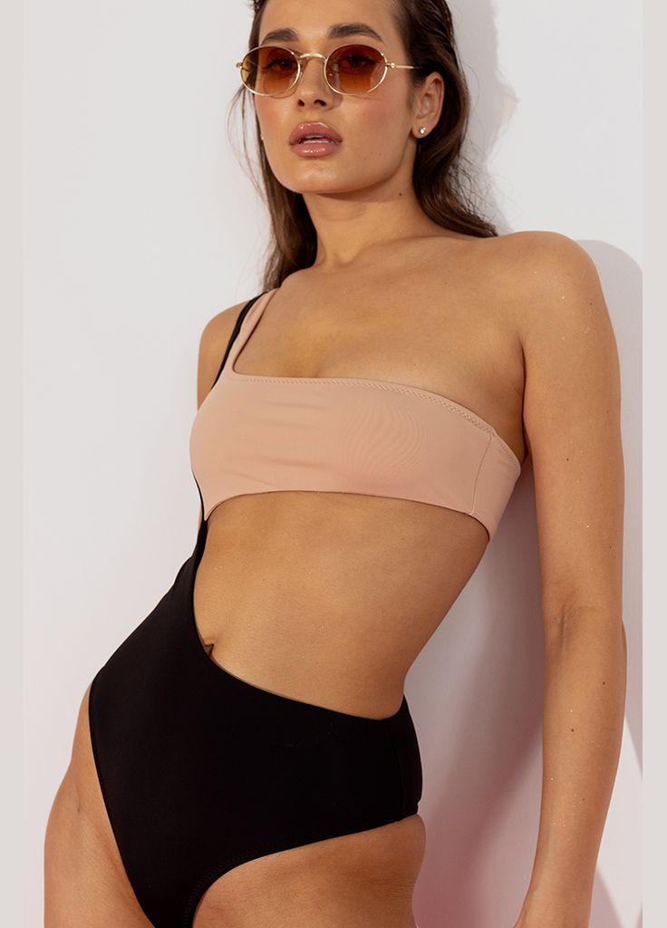 Комбинированный летний черно-бежевый сплошной купальник - shine kari shop atelier черно-бежевый (183sw-21br-blbg) Ova Ova Brand