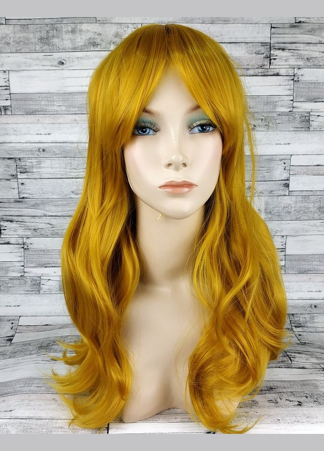 Парик желтый длинный волнистый с длинной челкой женский для женщин 60см из искусственных волос No Brand 3518 (300579906)