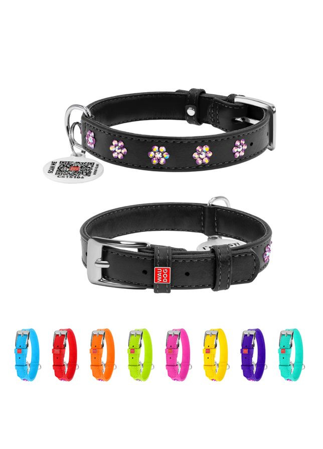 Нашийник для собак шкіряний Glamour з QR паспортом, з клейовими стразами "Квіти", Ш 15 мм, Дов 27-36 см чорний WAUDOG (322001885)