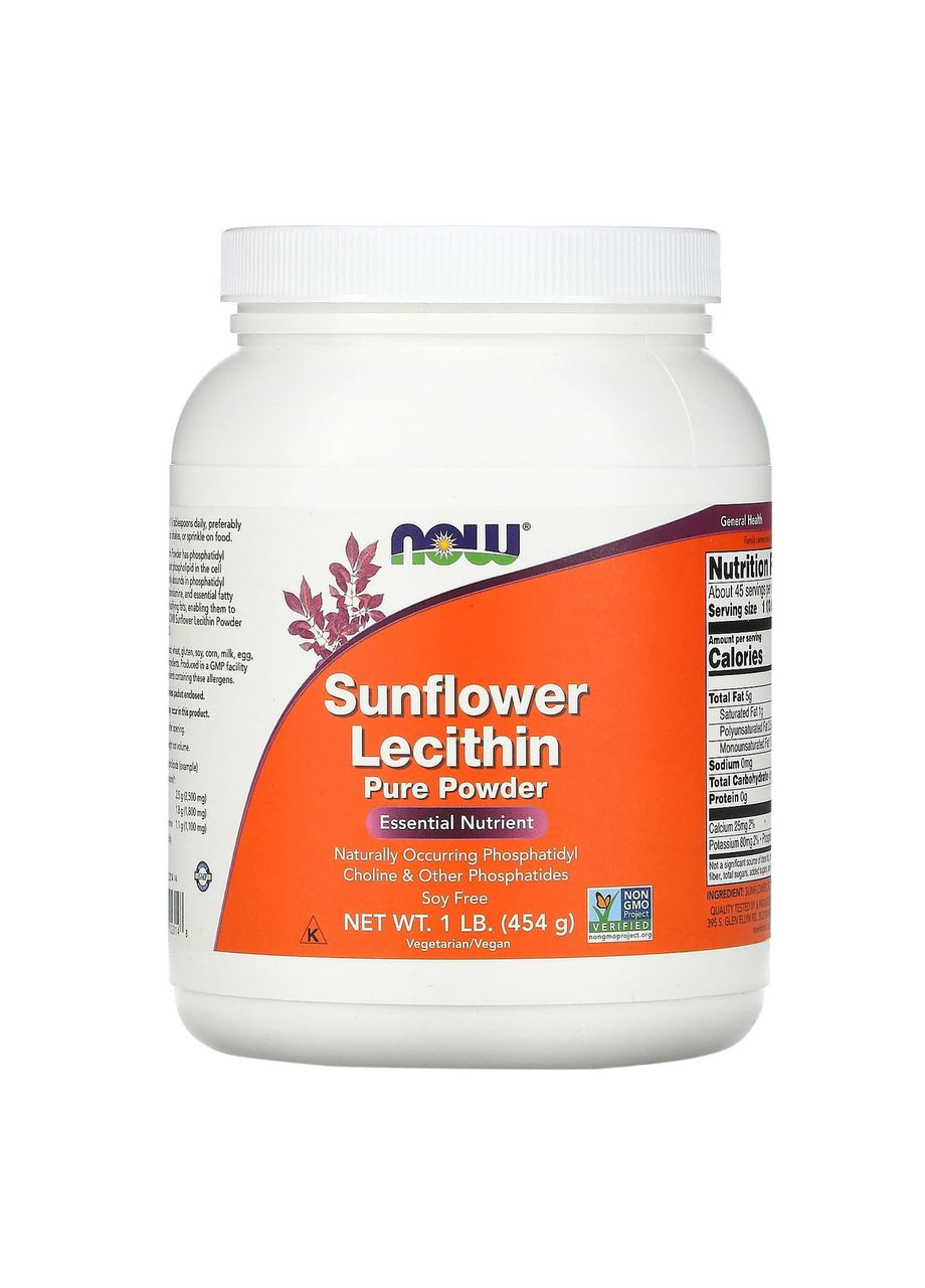 Подсолнечный лецитин Sunflower Lecithin без сои в чистом порошке 454 г Now Foods (277695183)