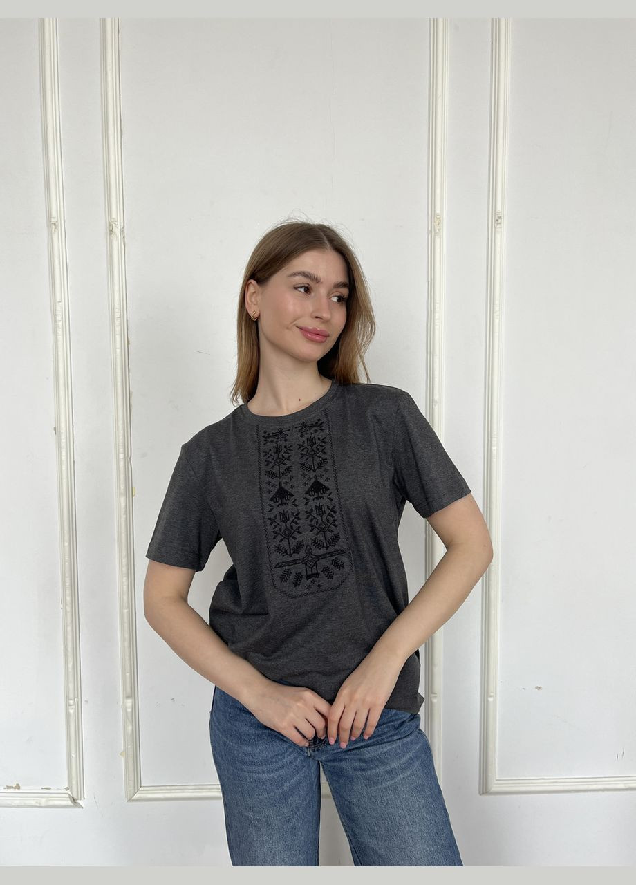 Сіра футболка love self кулір антрацит вишивка байрактар р. 4xl (56) з коротким рукавом 4PROFI
