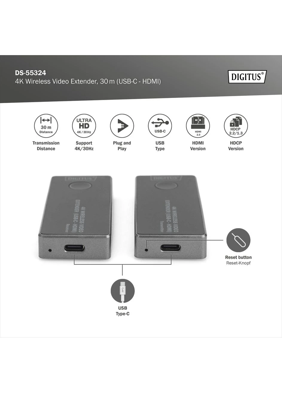 Бездротовий подовжувач USB-C > HDMI, 4K UHD, 30 м Digitus (388526127)