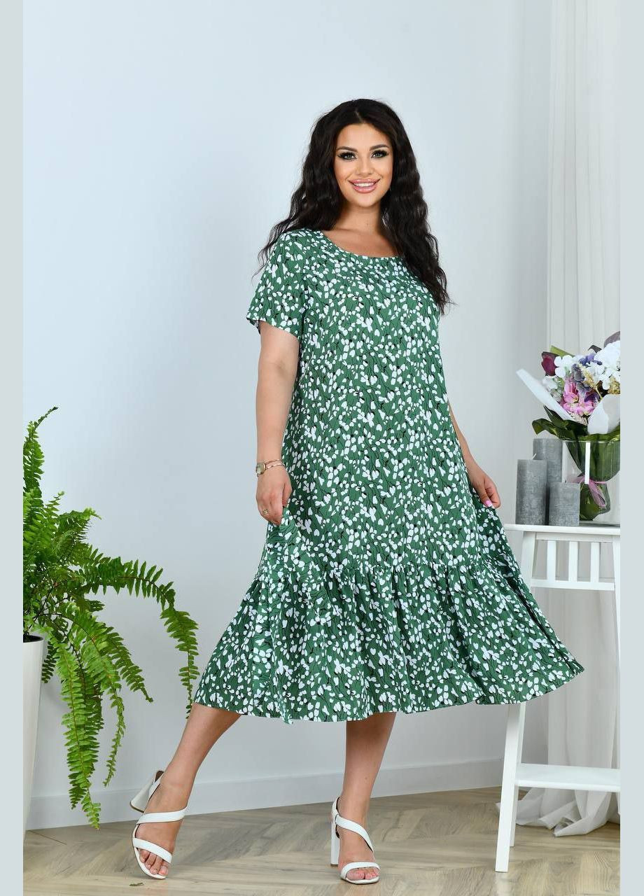 Зелена повсякденний, святковий, кежуал сукня з натуральної тканини з оборкою No Brand з квітковим принтом