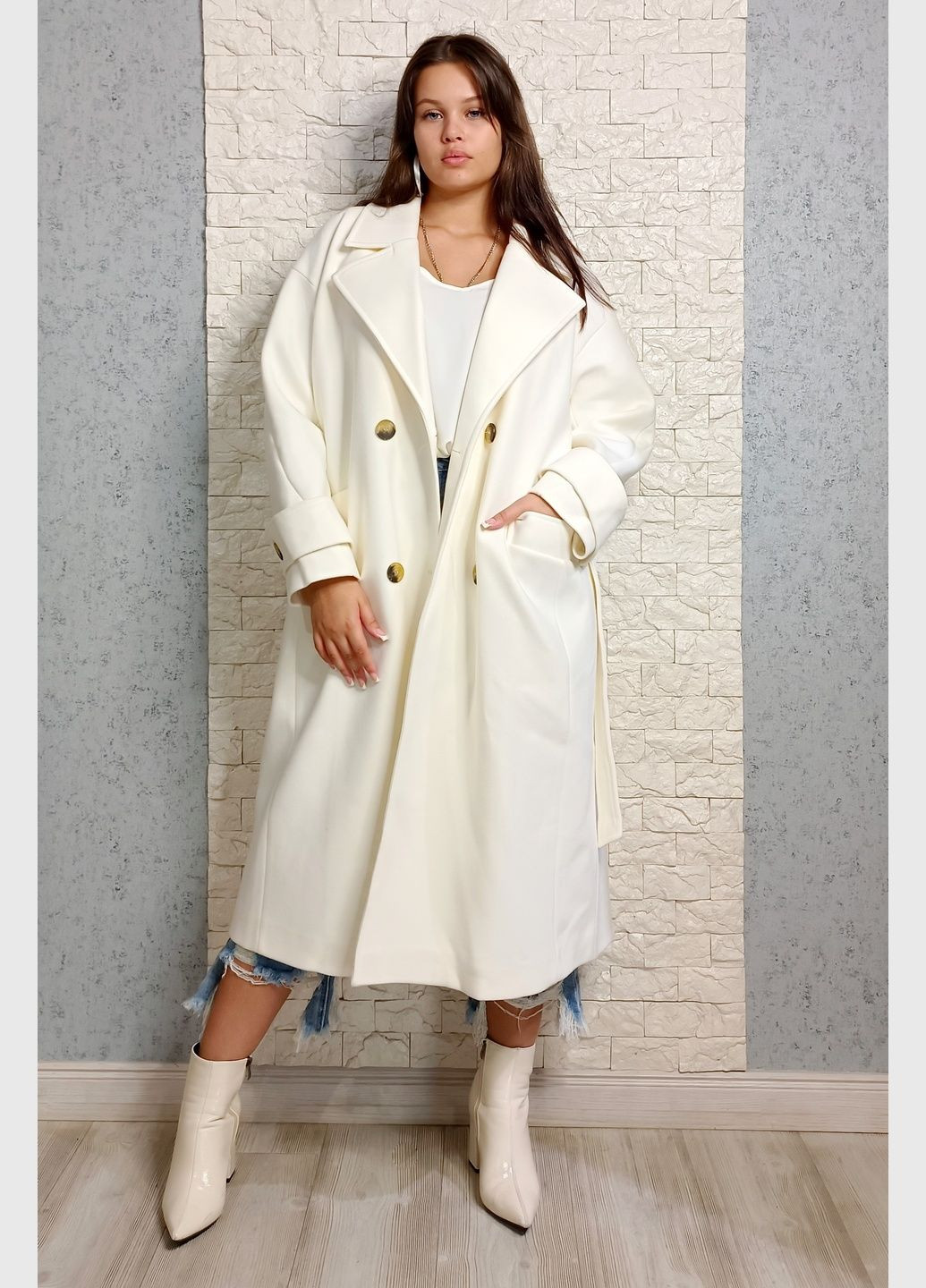 Молочное демисезонное Пальто двубортное Hot Fashion