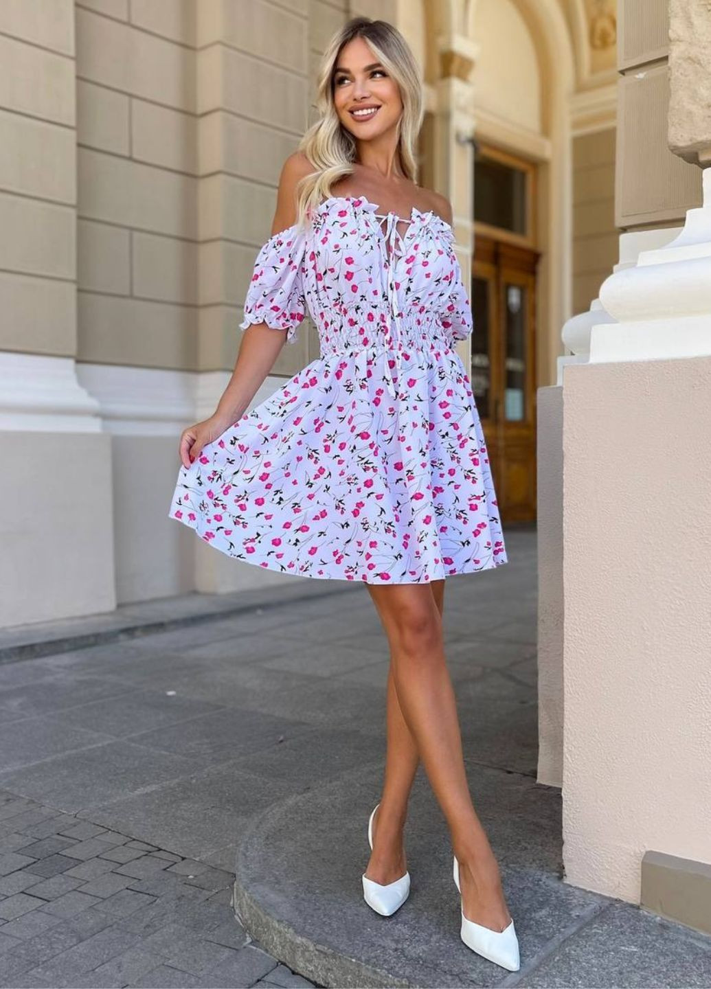 Розовое повседневный платье мини с коротким рукавом фонарик на резинке с юбкой-солнце Tik-Tak с цветочным принтом