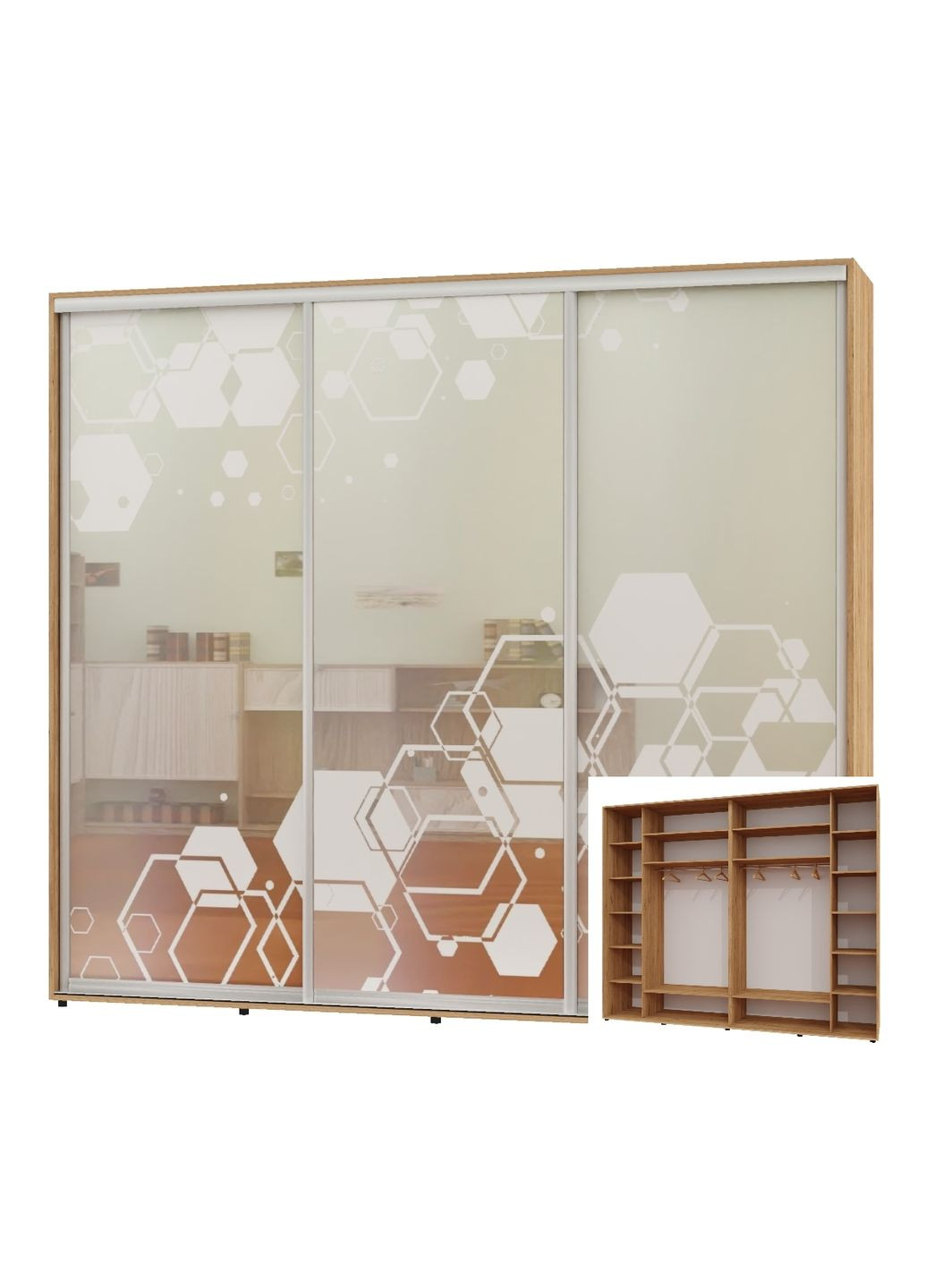 Шкаф-купе трехдверный 300*60*230 Дуб крафт золотой Зеркало с пескоструйным рисунком Люкс-149 Алекса (360449810)