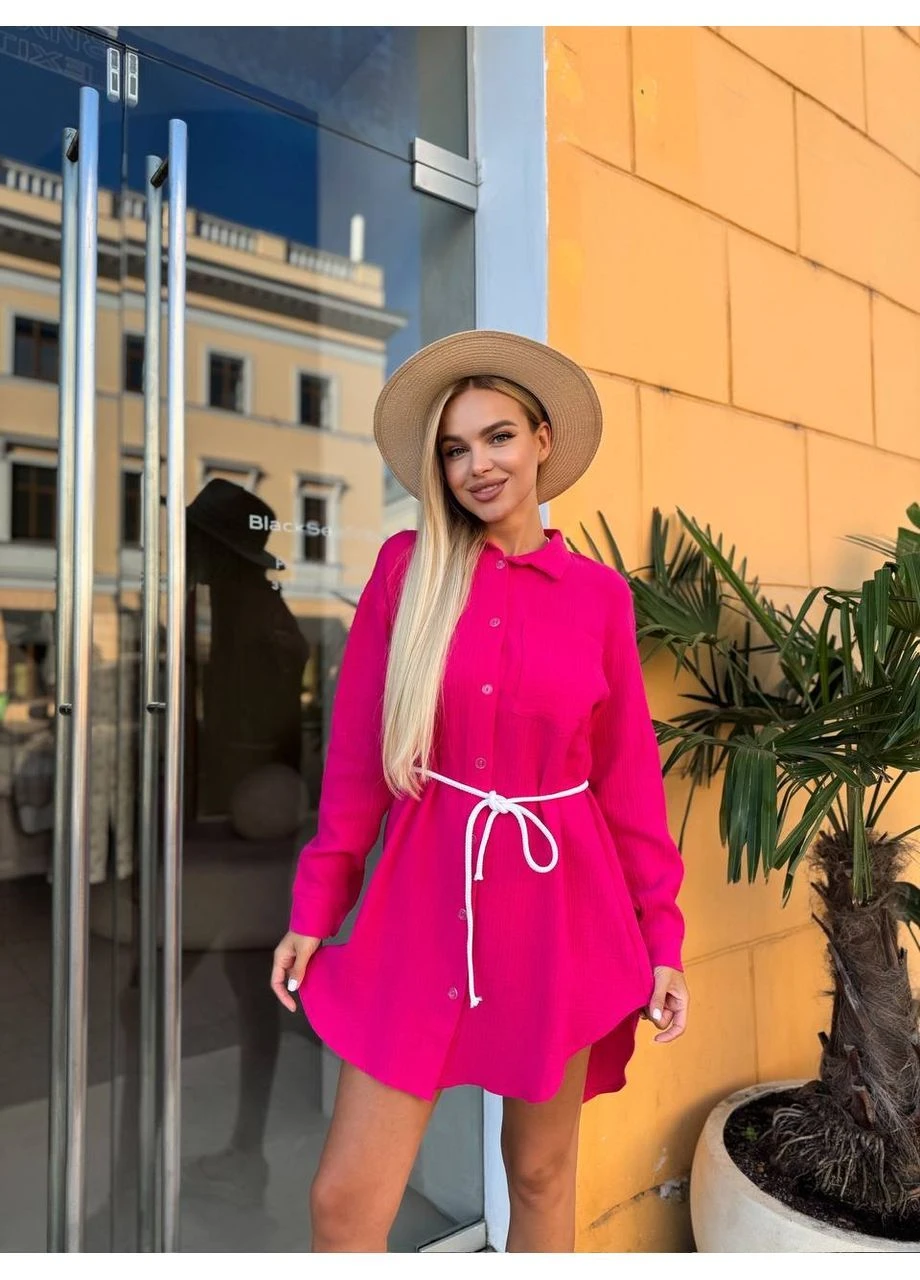 Малинова муслінова сукня-сорочка. поясок білого кольору у комплекті. No Brand