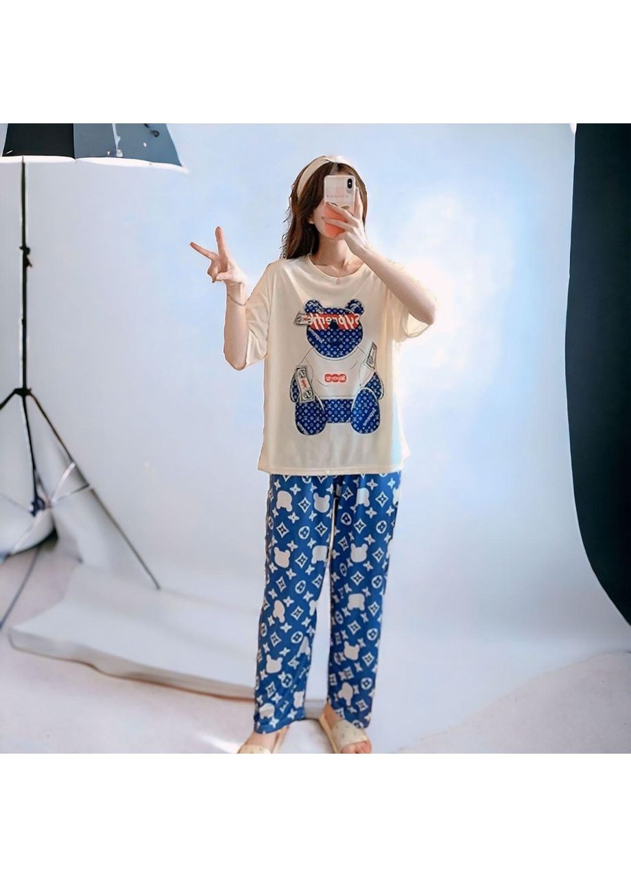 Комбинированная всесезон стильная пижама 3в1. пижама с шортами и штанишками из бамбука. бамбуковая пижама с кроликом No Brand