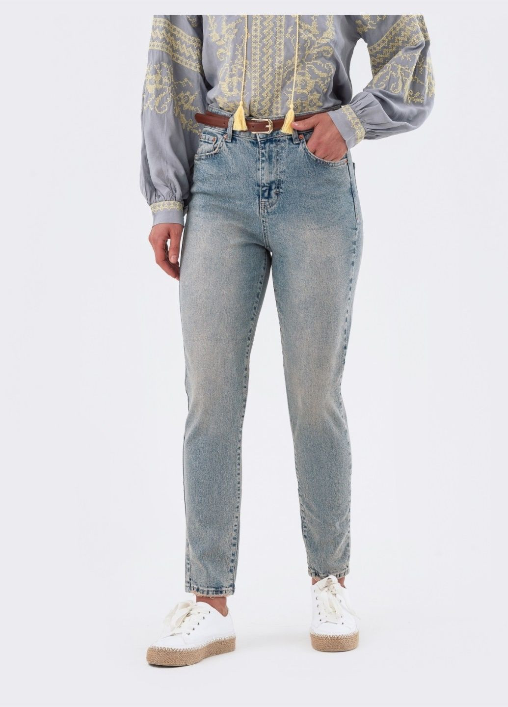 блакитні джинси-мом із потертостями Dressa - (287340364)