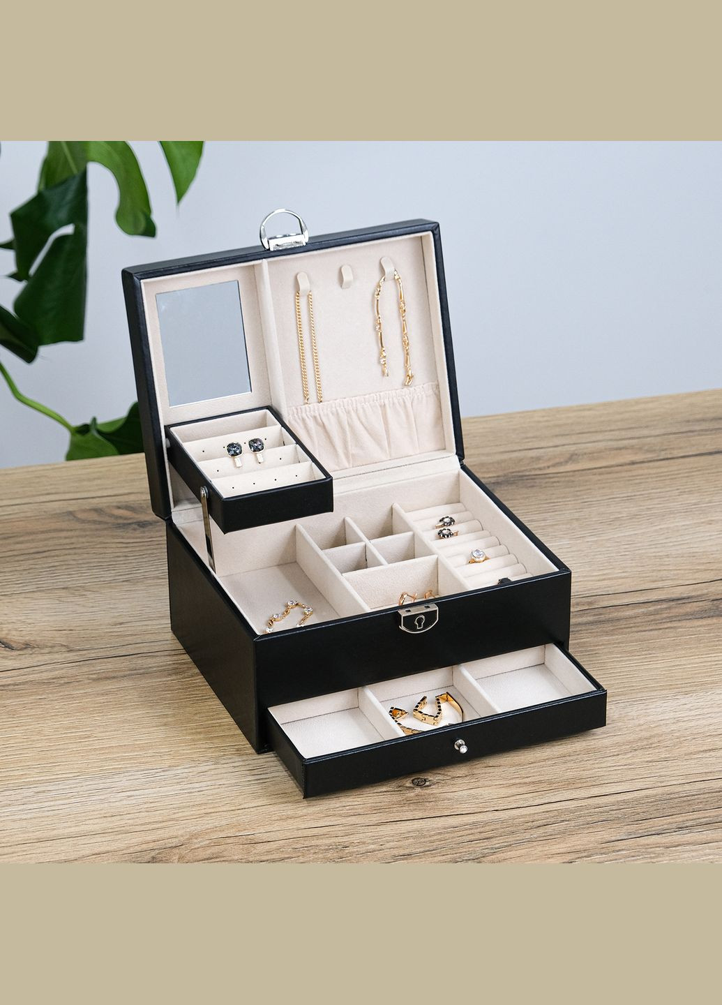 Ящик органайзер для украшений трехслойный с зеркалом, экокожа черная см (JZ-008-2) Гранд Презент (322190833)