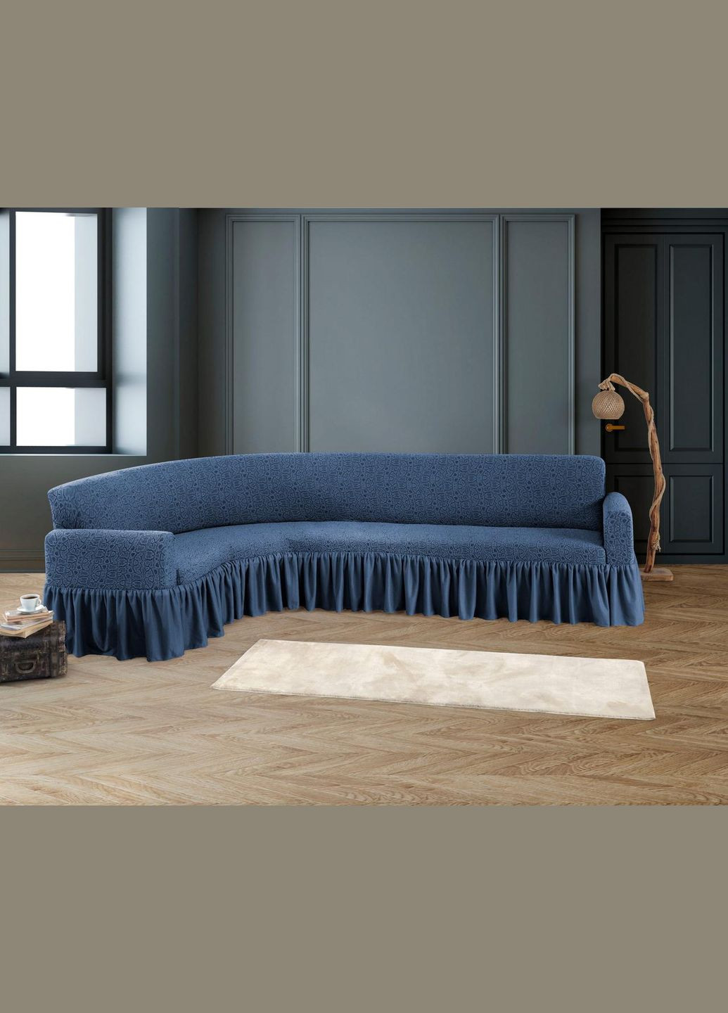 Жакардовий чохол на кутовий диван Stone з спідницею індіго Kayra (318382644)