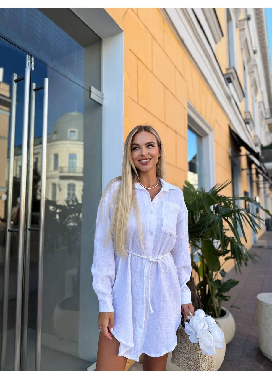 Білий сукня-сорочка натуральний муслін,з поясом у комплекті на ґудзиках Україна