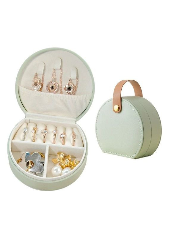Стильна ніжно зелена компактна кругла дорожня скринька для прикрас з коричневою петелькою No Brand (325216334)