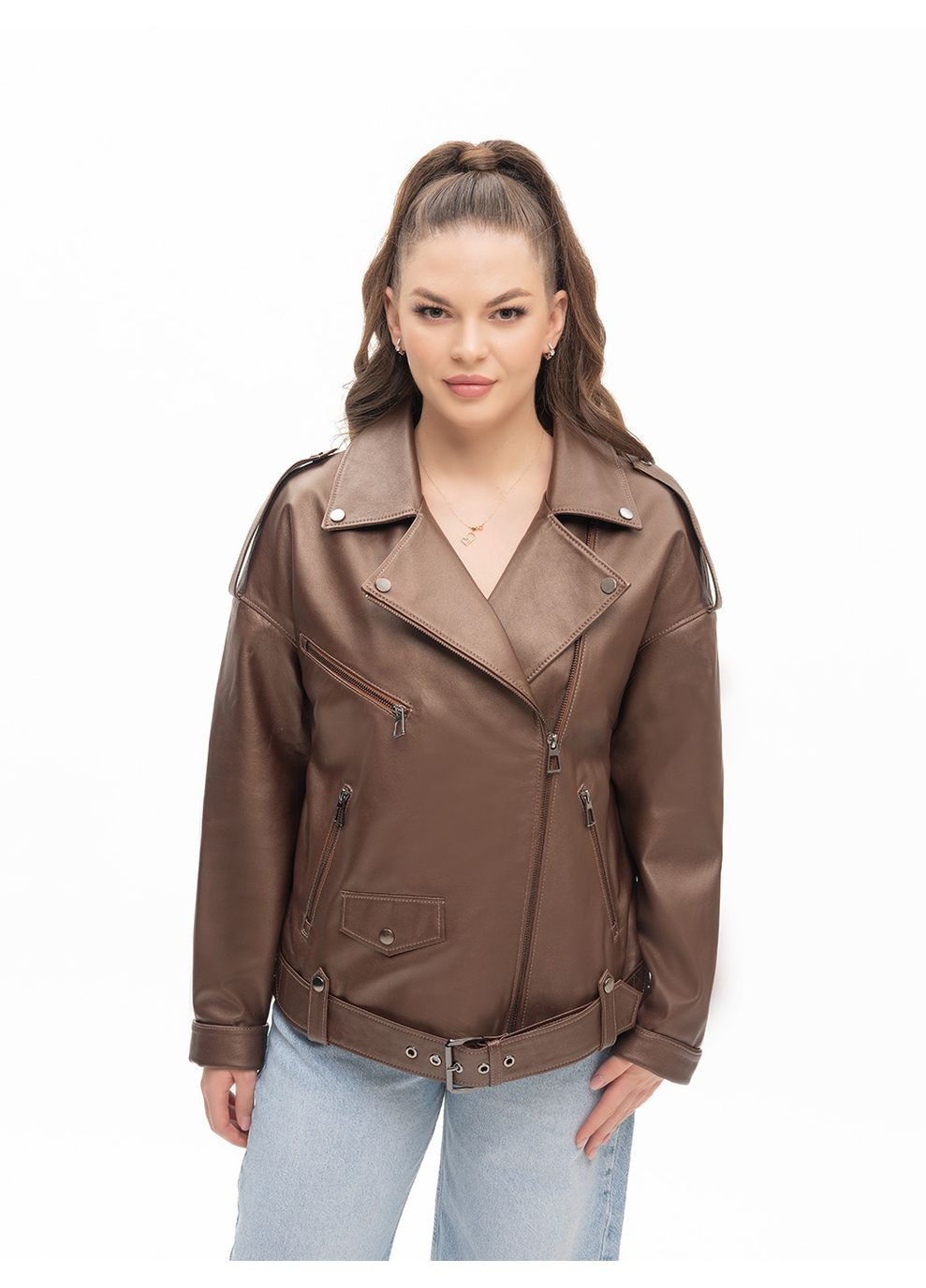 Коричневая демисезонная женская кожаная куртка весна Fabio Monti