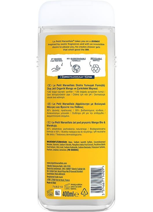 Гель для душу "Манго та маракуя" Extra Gentle Shower Gel Organic Mango & Passion Fruit 250ml (1167344-137623) Le Petit Marseillais (368648679)
