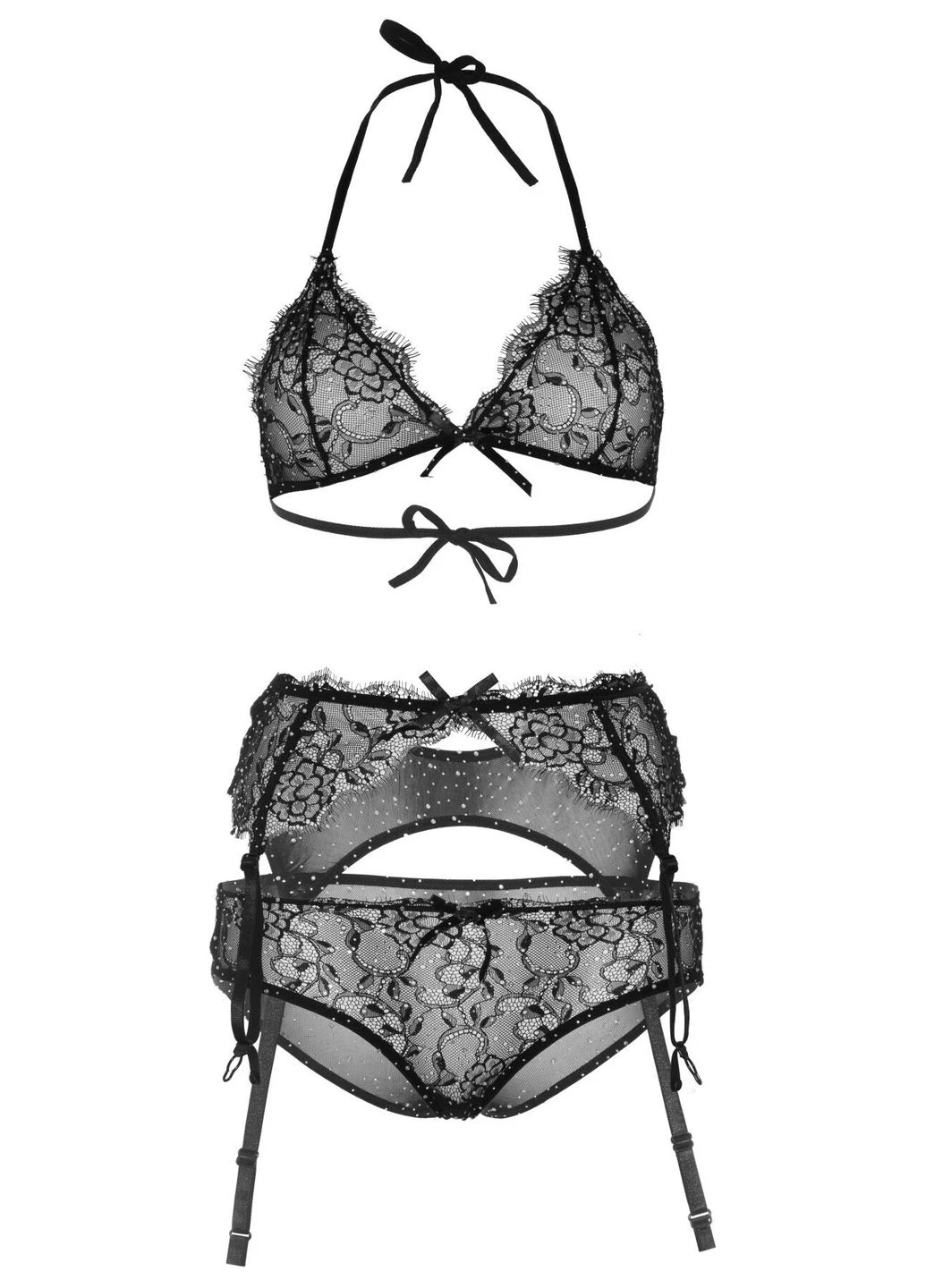 Черный демисезонный кружевной комплект со стразами bright lights rhinestone black (трусики, бра, пояс для чулок) - cherrylove Leg Avenue