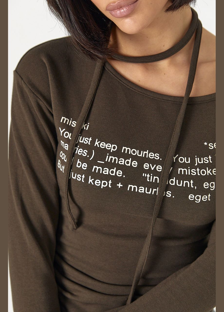 Трикотажный лонгслив на завязках с ассиметричной горловиной - молочный Lurex (324392619)