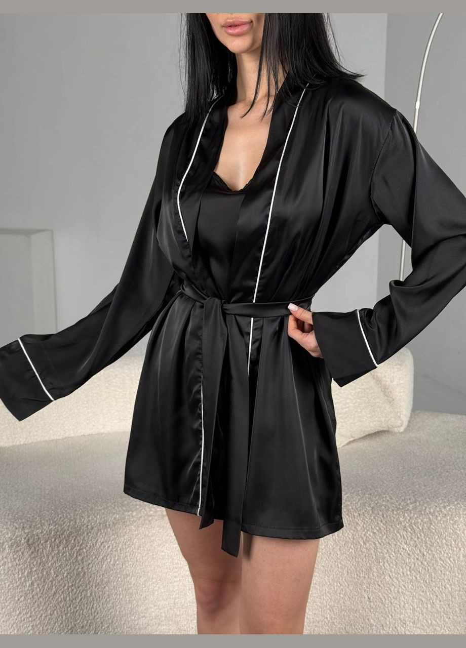 Черная всесезон женская пижама кофта + майка + шорты + брюки No Brand