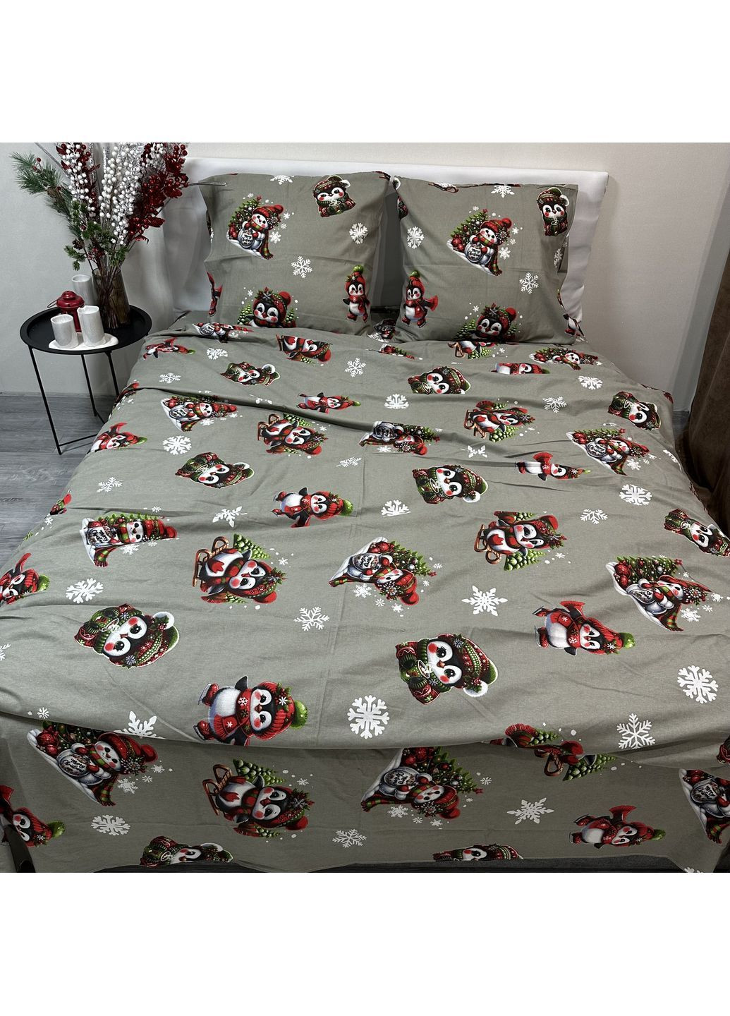 Зимова постільна білизна фланель (байка) євро розмір кольору хакі - м'якість, тепло та новорічний настрій! No Brand (367912386)