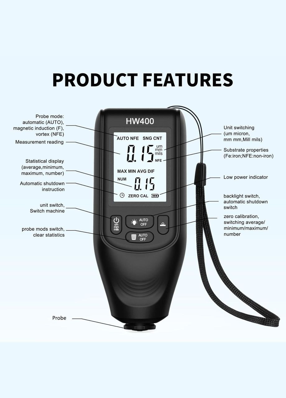 Товщиномір фарби цифровий HW400 0-2000 мкм Fe и Nfe Чорний (R051122) Icar (349843798)