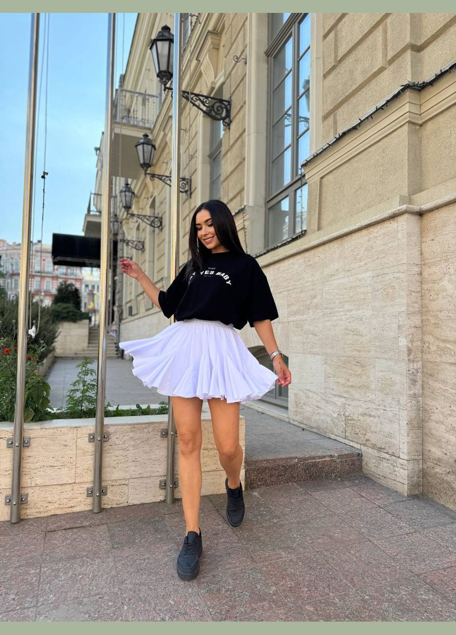 Белая повседневная однотонная женская юбка мини с шортами Україна клешированная-солнце