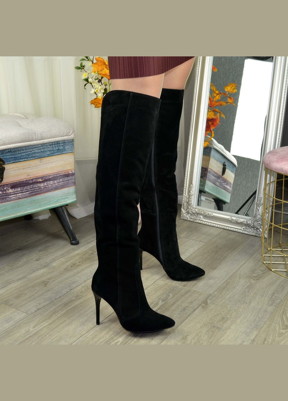 Черные осенние ботфорты замшевые на шпильке,. 39 размер Vasha para