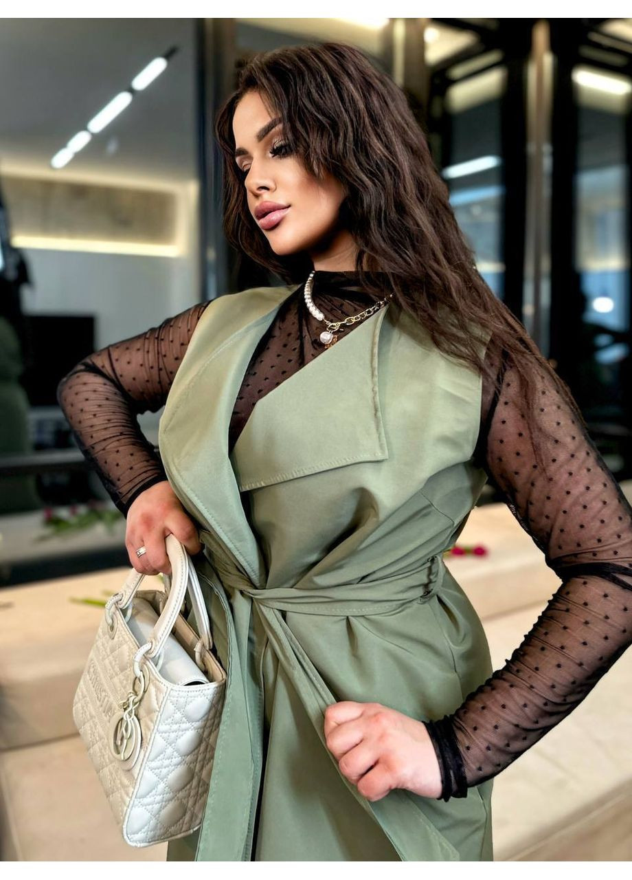 Оливкове демісезонне Пальто тренч двійка:жилет +куртка балеро,котон тренч,з поясом на ґудзиках Україна