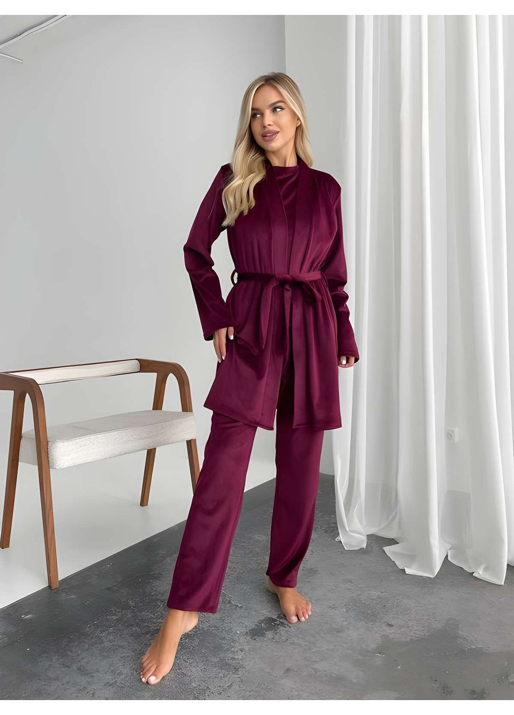 Бордова зимня жіноча велюрова домашня піжама піжамний комплект трійка зі штанами лавандовий бузковий Україна