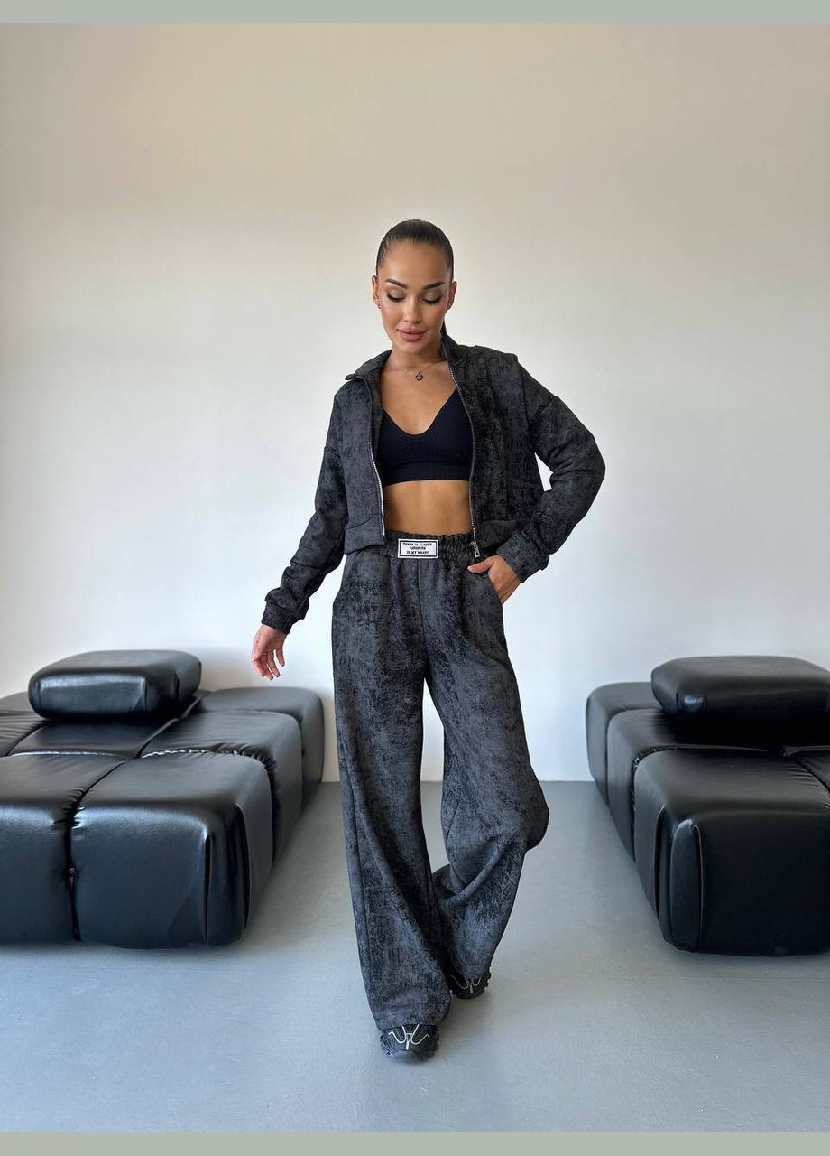Женский графит трендовый костюм в стиле тай-дай, варенка, спортивная кофта и широкие мраморные брюки. No Brand (321969326)