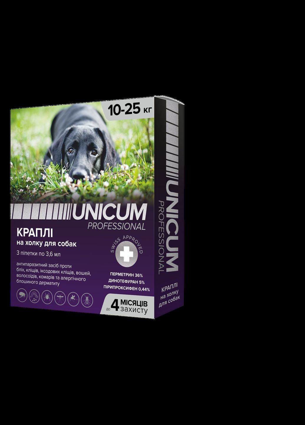 Капли PRO от блох и клещей на холку для собак, 10-25 кг (3шт/уп) Unicum (315598807)