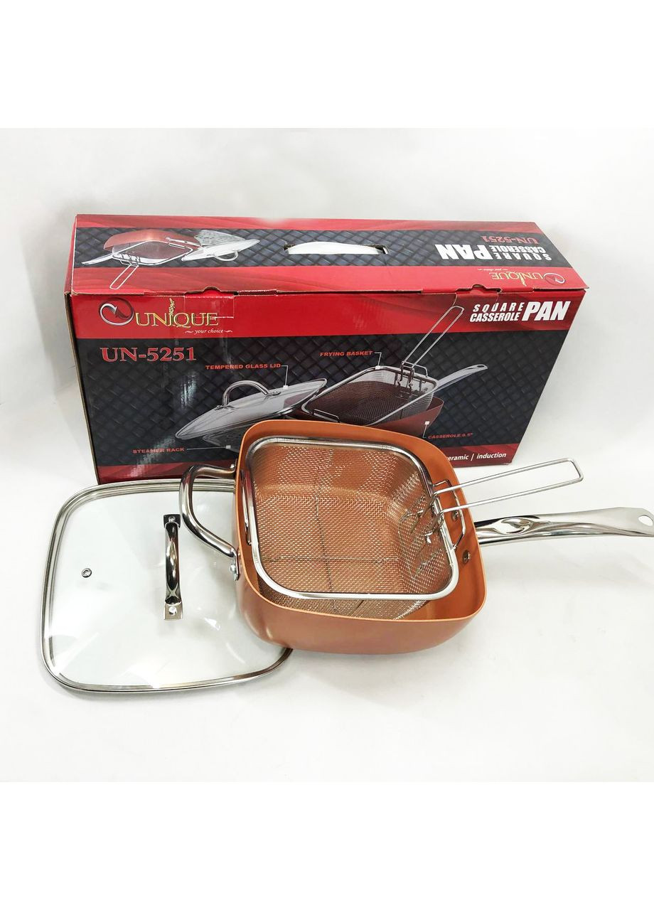 Сковорода-фритюрниця UN-5251 квадратна антипригарна з пароваркою та каструлею + скляна кришка 24 см Unique (367860883)