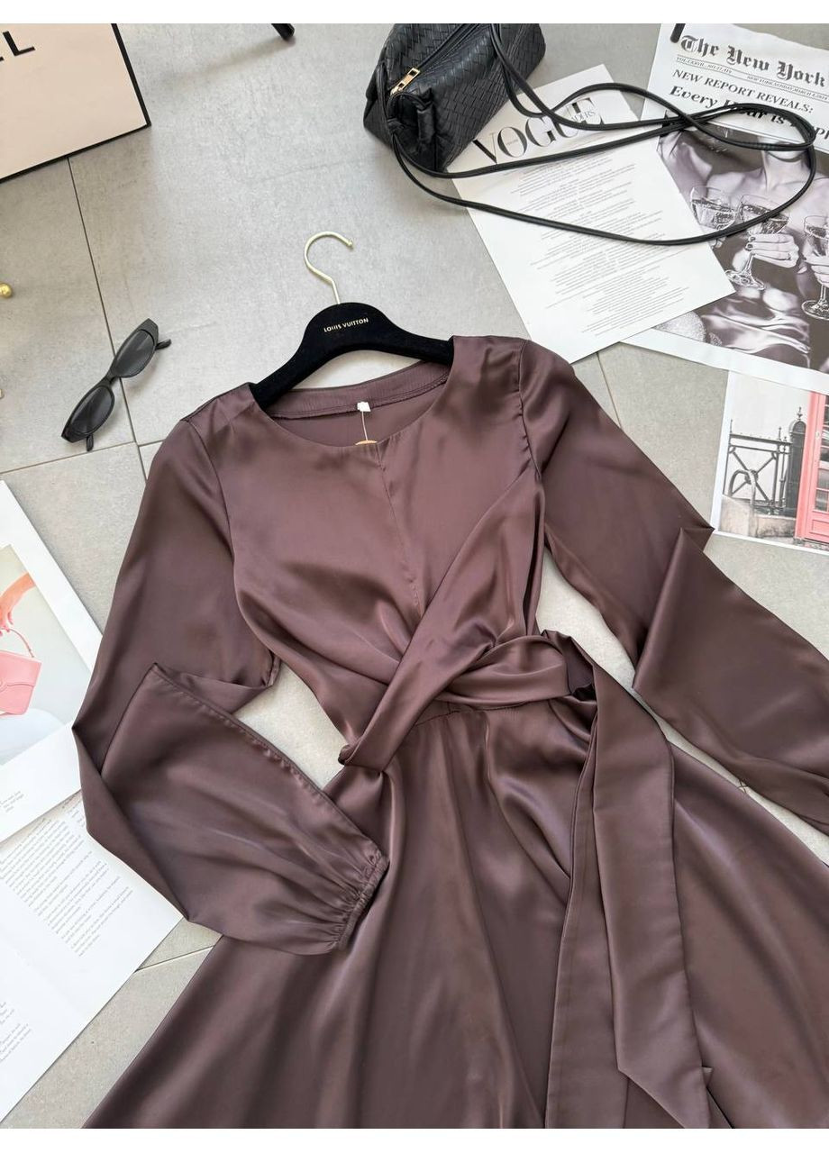 Коричневое повседневный, вечернее, кэжуал женское платье на запах No Brand однотонное