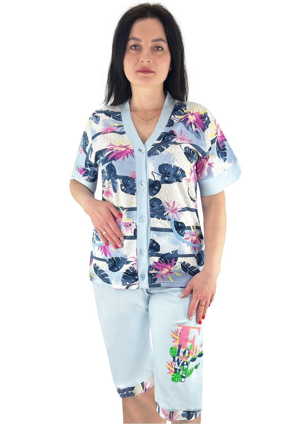 Голубая всесезон пижама на пуговицах интерлок рубашка + бриджи Жемчужина стилей 4113