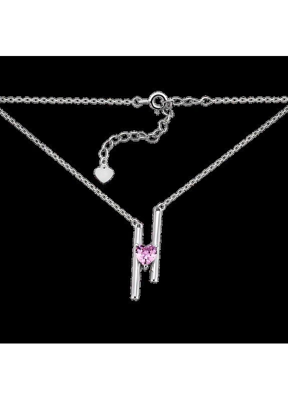 Кольє срібне з розовим фіанітом Сердечко на тонкому ланцюжку Каштан (342335549)