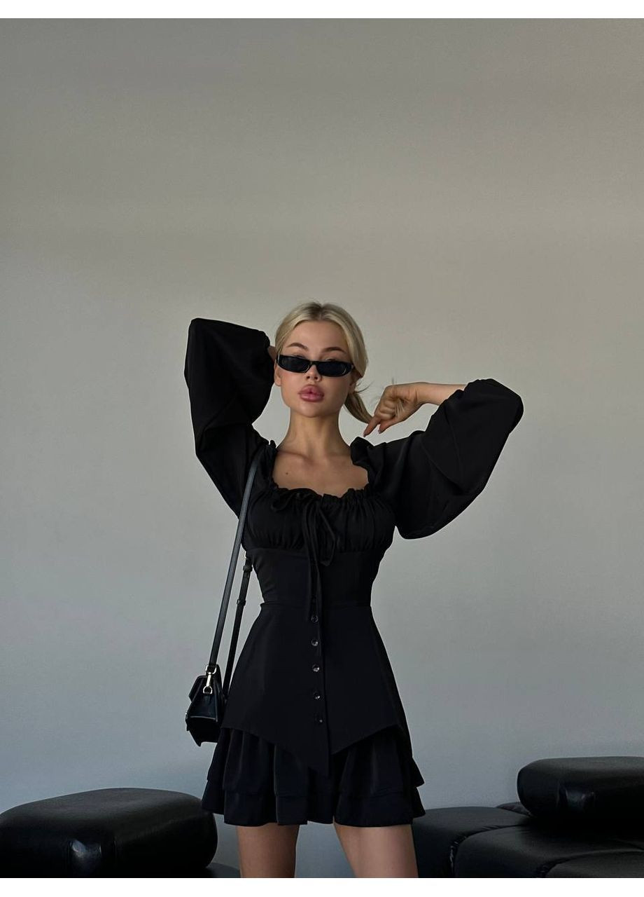 Чорна кежуал елегантна біла сукня з обʼємними рукавами No Brand однотонна