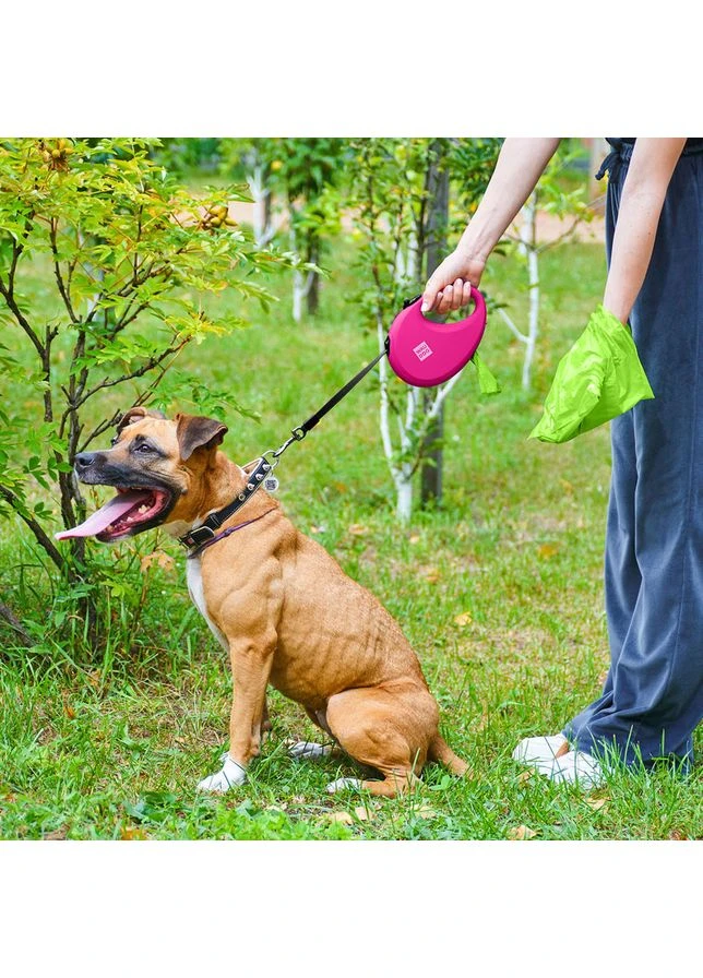 Повідець-рулетка для собак R-leash з контейнером для пакетів, світловідбивна стрічка,, до 40 кг, 5 м, рожевий WAUDOG (374414672)