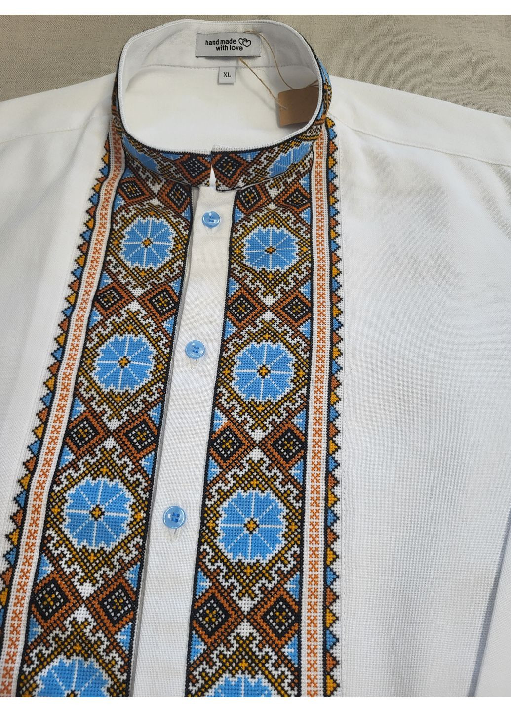Комбинированная мужская вышитая рубашка ручной работы на домотканом полотне "солнцемир" Hand Made узор украинская символика прямой, свободная хлопок, домотканное полотно (351582152)