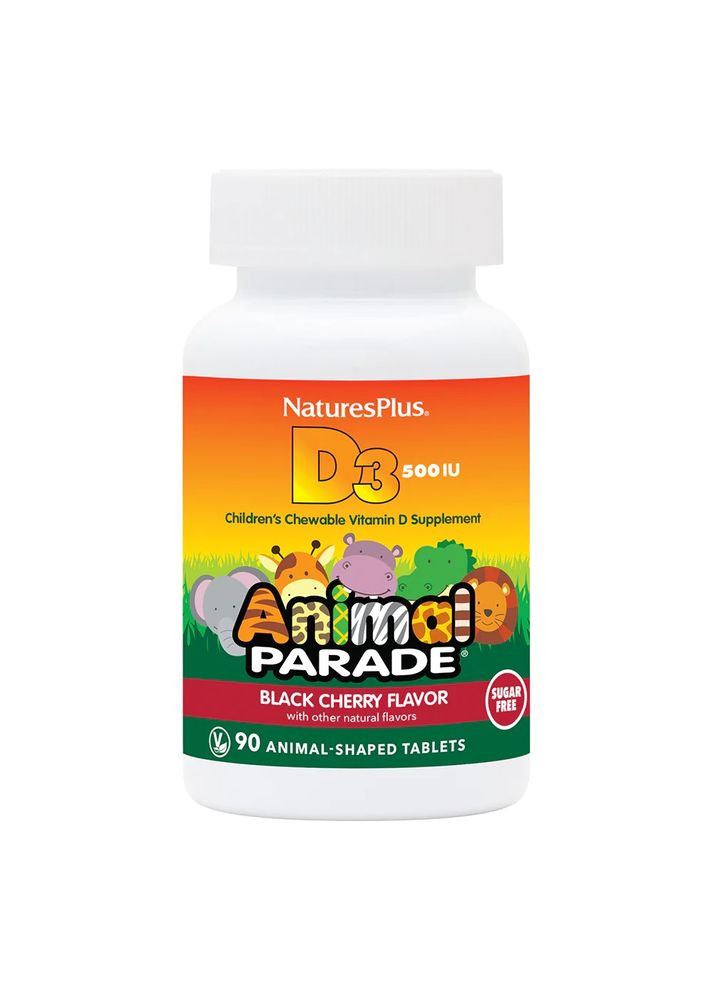 Вітамін D3 для дітей Animal Parade Vitamin D3 500 IU Sugar-Free, 90 жувальних таблеток без доданого цукру - Вишня Natures Plus (333991063)