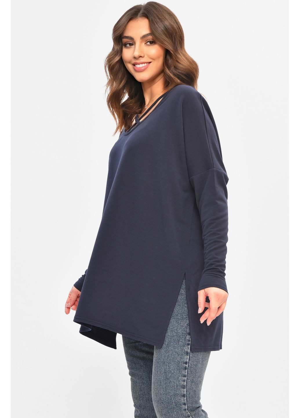 Кофта жіноча однотонна напівбатальна темно-синього кольору Let's Shop (366726327)