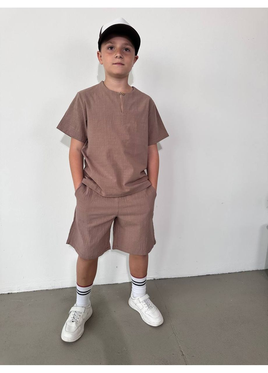 Бежевый летний летние комплекты из натурального льна для мальчика. No Brand