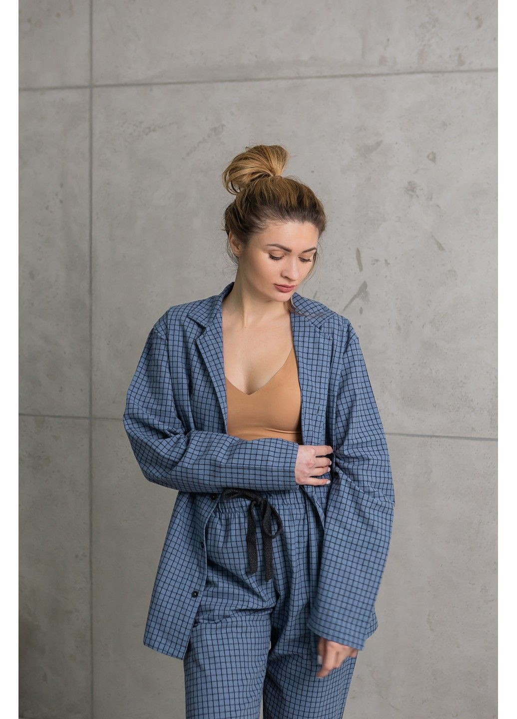 Синяя всесезон пижама женская в клетку фланель soft синяя рубашка + брюки Handy Wear